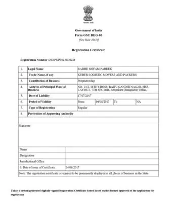 GST certificate of Kuber Logistics